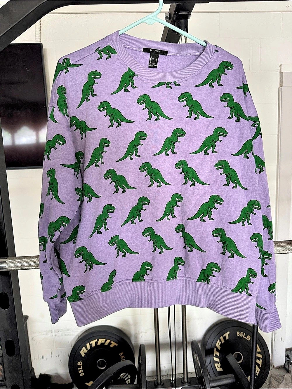 Forever 21 Dinosaur Print Crewneck Sweater in Purple & Green Size Large